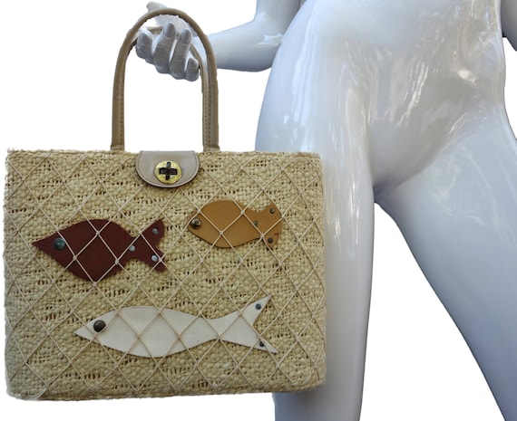 Vintage ROGER VAN S Burlap and Leather Fish Purse