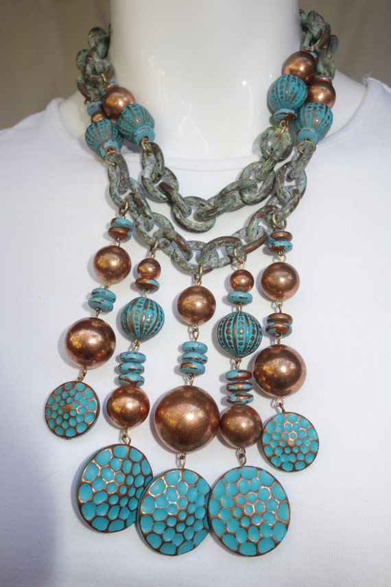 LES BERNARD 70s Antiqued Copper Necklace & matchin