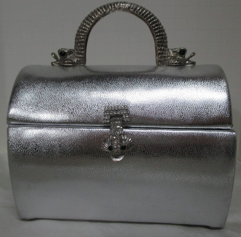 ARNOLD SCAASI Vtg Silver Leather Domed Box Purse with Metal Dolphin Handle SALE image 1