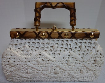 MARCUS White Crocheted Oblong Purse w/Bamboo and Leather Handle