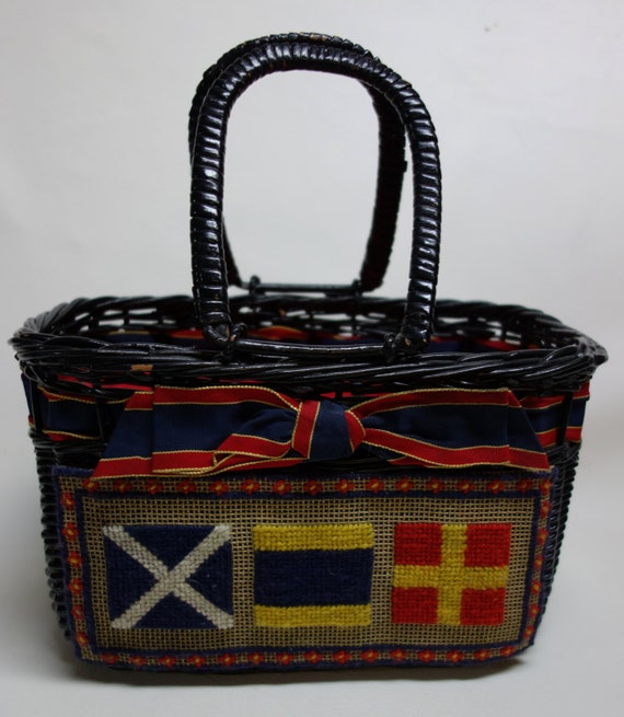 50s Wicker & Needlepoint Handbag Nautical