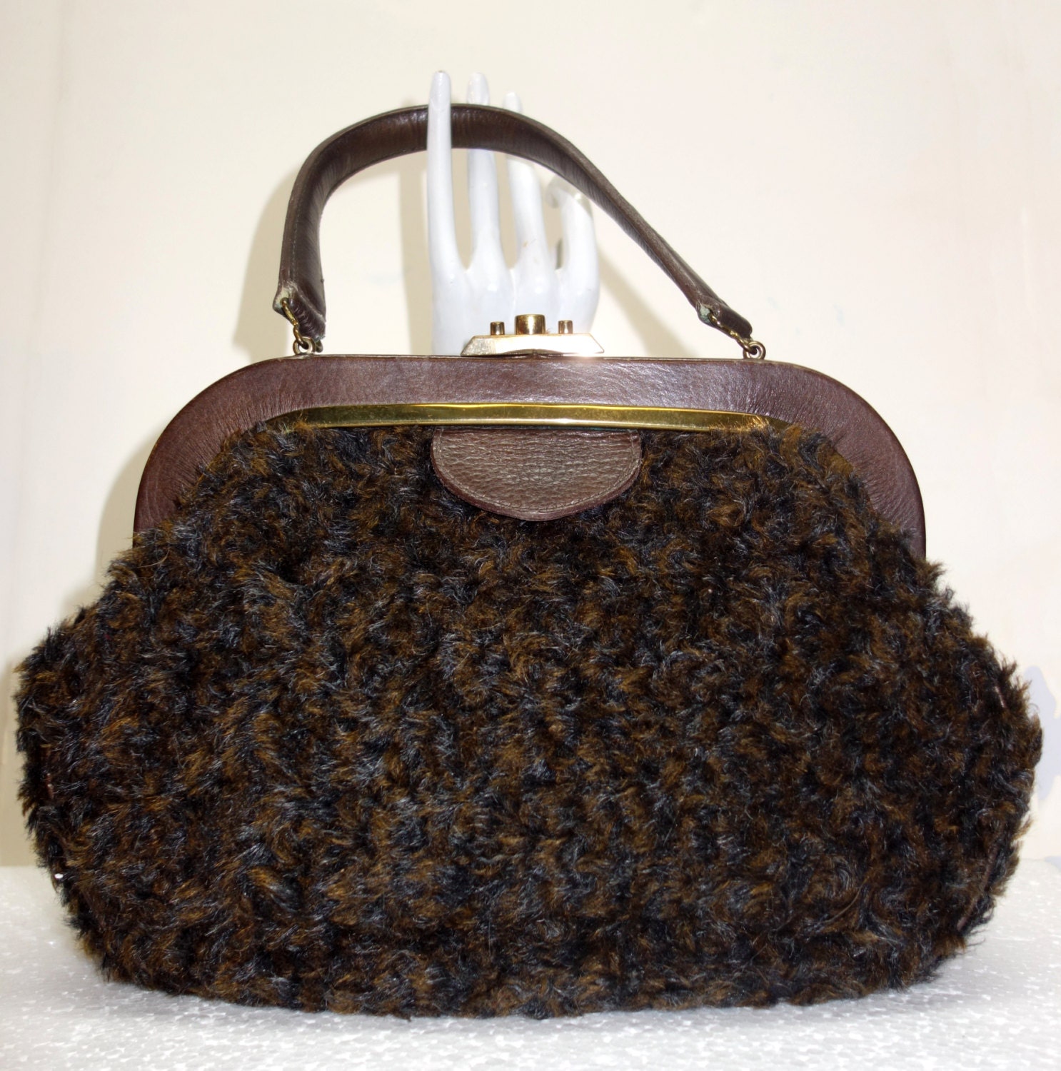 ROGER VAN S. Vintage 60s Brown Faux Curly Lamb Handbag 20% OFF 