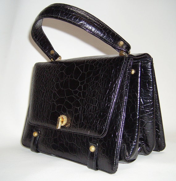 60s  CAPRICE Black Turtle Embossed Leather Handbag