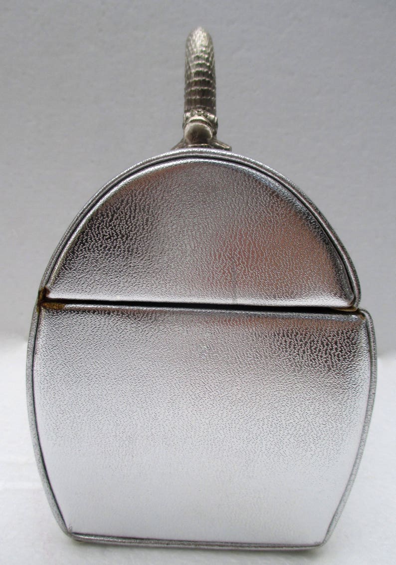 ARNOLD SCAASI Vtg Silver Leather Domed Box Purse with Metal Dolphin Handle SALE image 9
