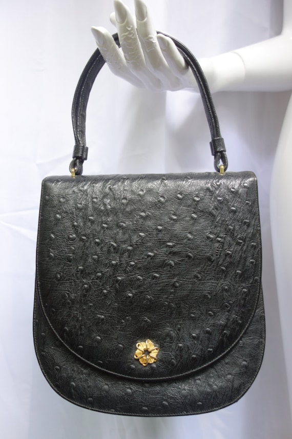 Vintage PRESTIGE Black Ostrich Embossed Leather Ha