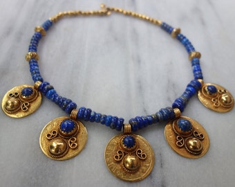 Vintage Genuine Lapis Necklace with Gold Coins