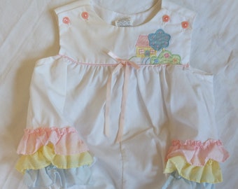 Vintage baby romper, 90s, house embroidery and ruffled bottom