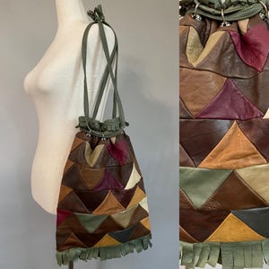 vintage 70er Jahre Patchwork Fransen Tasche Leder Spanien Kordelzug Handtasche Geldbörse