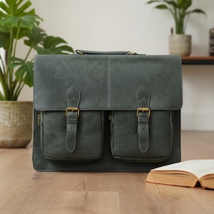 Handmade Forest Green Leather Messenger Bag | 15-inch Laptop Briefcase