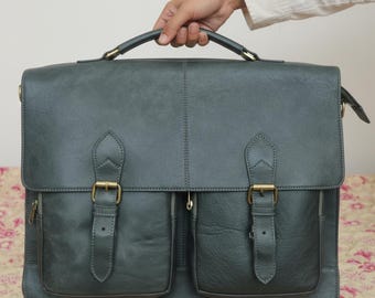 Bolsa mensageiro artesanal em couro verde-floresta | Pasta para laptop de 15 polegadas