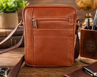 Bolso bandolera vintage de piel color camel / Bolso bandolera de viaje hecho a mano