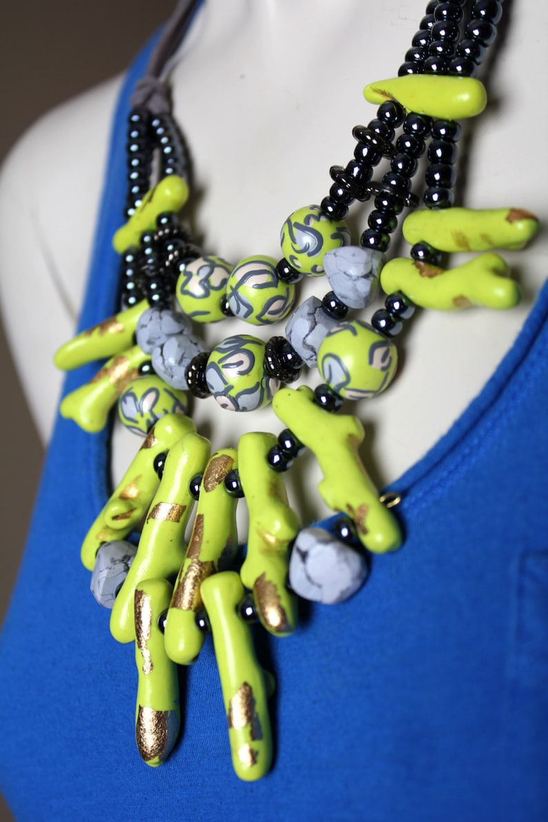 Chartreuse Statement Necklace / Gray and Chartreuse Coral Jewelry ...