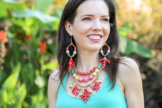 floral jewelry oversized statement earrings Tropical leaves turquoise earrings
