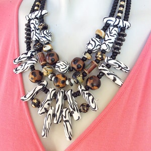 Zebra Print Coral Necklace / Animal Statement Necklace / Animal Safari Necklace / Black and White Jewelry / Leopard Print Tribal Necklace