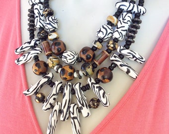 Zebra Print Coral Necklace / Animal Statement Necklace / Animal Safari Necklace / Black and White Jewelry / Leopard Print Tribal Necklace