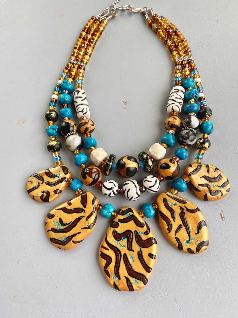 Tiger Print Beaded Necklace / Animal Print Jewelry / Brown and Etsy