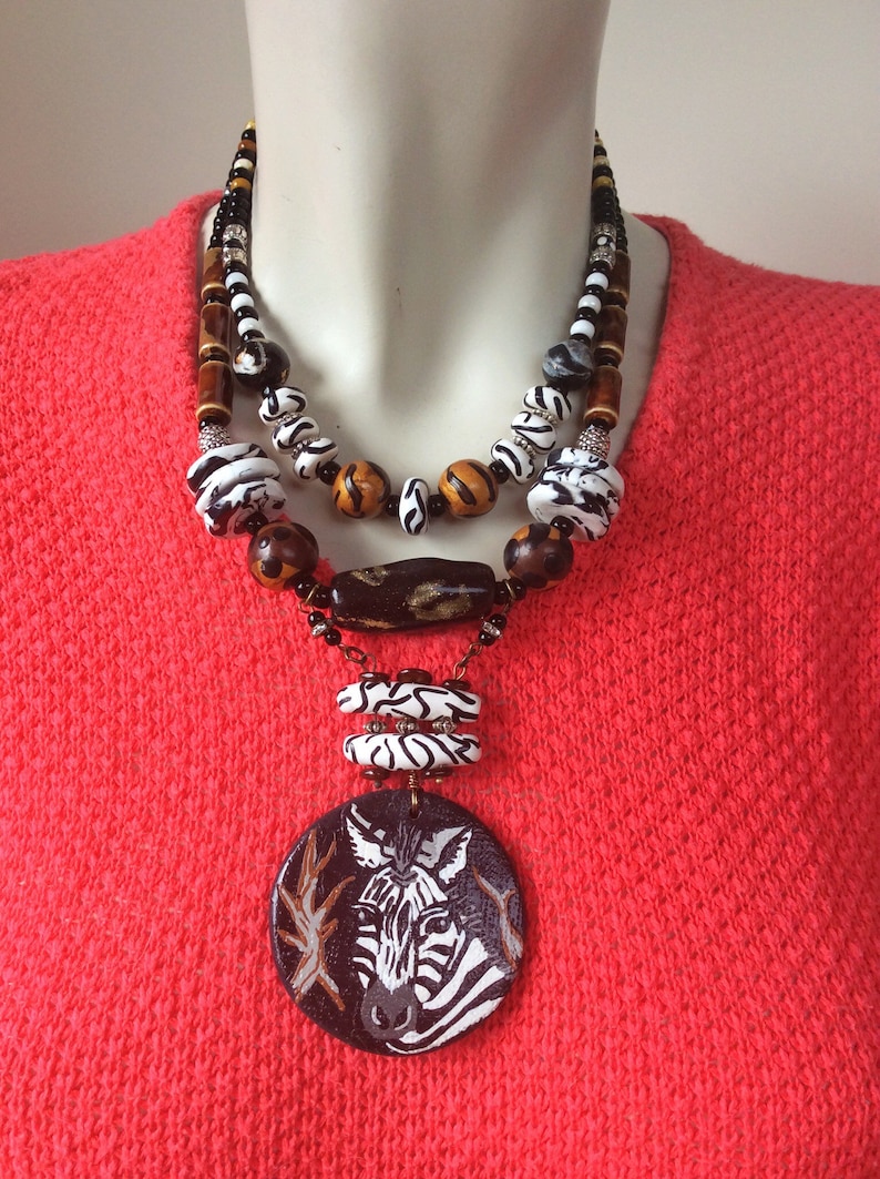 Zebra Pendant Statement Necklace / Mixed Animal Print Necklace Etsy