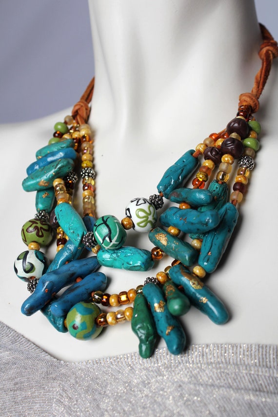 Chunky Turquoise Statement Necklace / Coral and Teal Printed Etsy