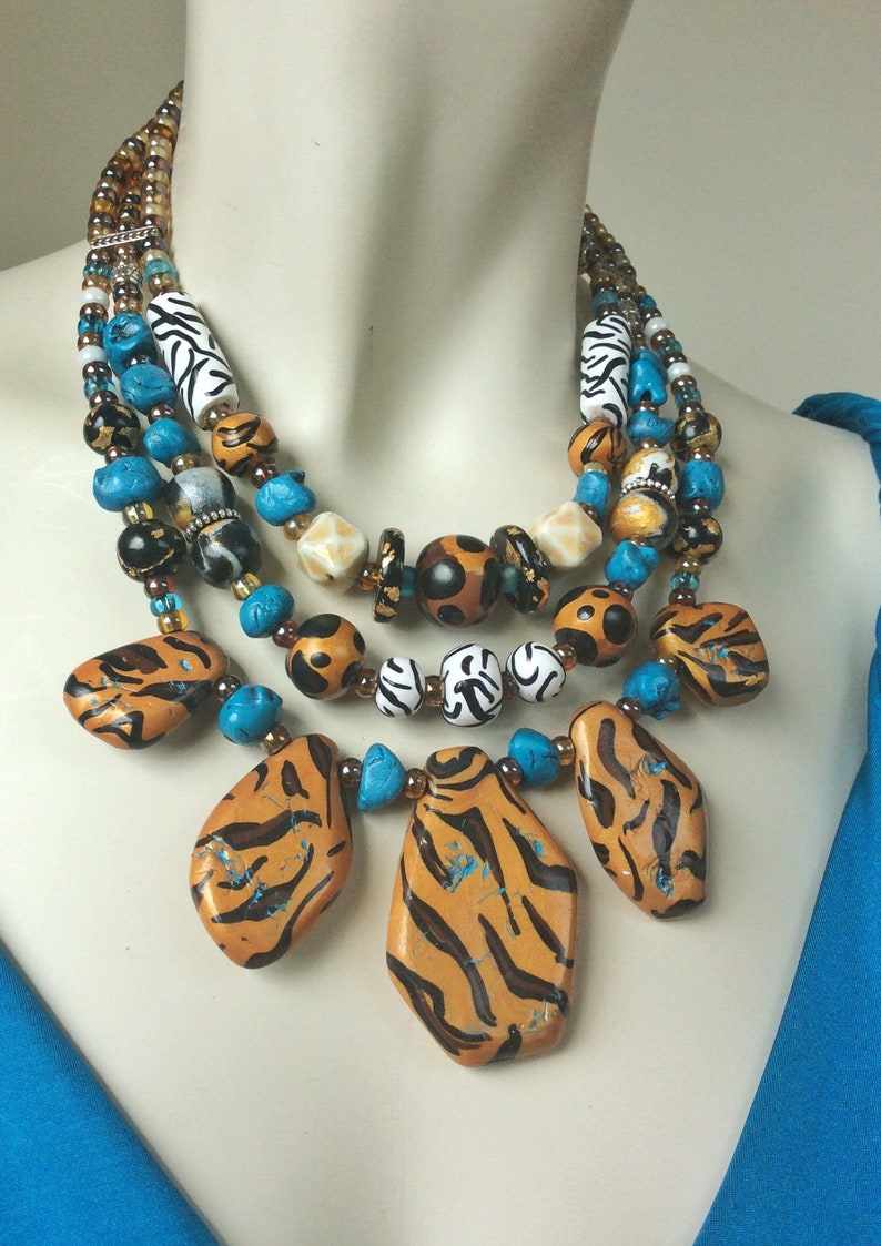 Tiger Print Beaded Necklace / Animal Print Jewelry / Brown and Etsy