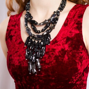 Black Coral Statement Necklace / Black Fringe Necklace / Ombre Draping Coral / Black and Gray Necklace