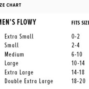 May include: Size chart for Women's Flowy tops, detailing sizes from Extra Small (0-2) to Double Extra Large (18-20). Includes size equivalents for XS, S, M, L, XL, and 2XL.
