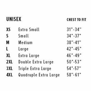 May include: A white chart with black text detailing unisex chest sizes. Sizes range from XS (79-86cm) to 4XL (147-155cm). The chart includes sizes Small, Medium, Large, Extra Large, Double Extra Large, and Triple Extra Large.