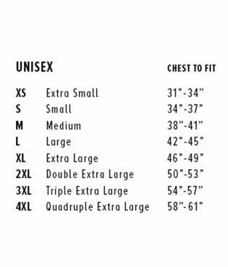 May include: A white chart with black text detailing unisex chest sizes. Sizes range from XS (79-86cm) to 4XL (147-155cm). The chart includes sizes Small, Medium, Large, Extra Large, Double Extra Large, and Triple Extra Large.