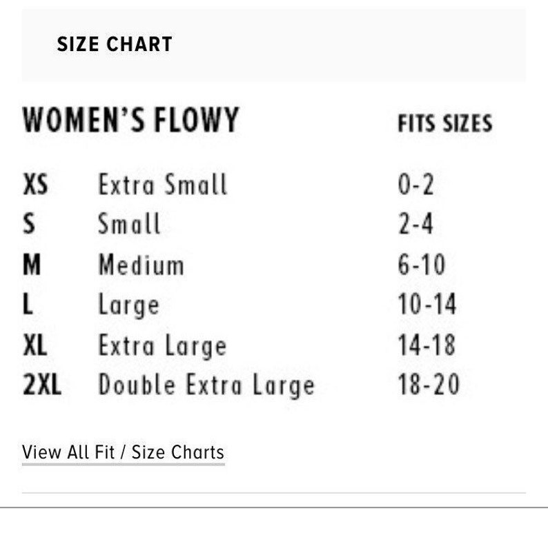 May include: Size chart for women's flowy clothing. The chart shows the corresponding US women's sizes for XS, S, M, L, XL, and 2XL.