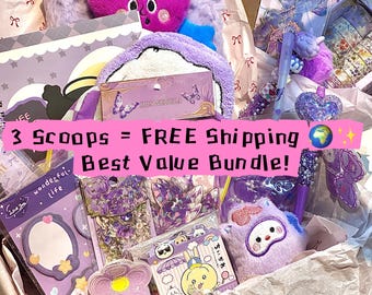 Kawaii Mystery Box 60+ Items | 3 Scoops Lucky Box, Plush, Stationery & Jewelry | Best Value Bundle + Freebies