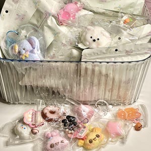 Puede incluir: Un recipiente de plástico transparente lleno de varios amuletos pequeños, coloridos y caprichosos en bolsas de plástico individuales. Los amuletos incluyen un conejito azul, un conejito blanco, un corazón rosa, una rosquilla y un oso amarillo. Los amuletos son probablemente para joyería o manualidades.