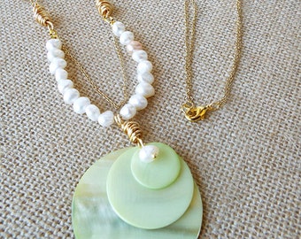 Mint Green Mother of Pearl, Beautifui Baroque Freshwater Pearls & Wire Wrapped Long Necklace,