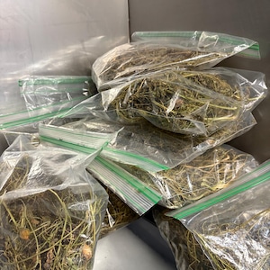 Puede incluir: Varias bolsas de plástico transparente llenas de hierbas secas y materia vegetal. Las bolsas están selladas con cierres de cremallera verdes. El contenido parece ser una mezcla de material vegetal verde y marrón, posiblemente para uso culinario o medicinal.