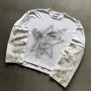 Maglietta a maniche lunghe bianca con inserti, stile retrò Y2K americano, casual, ampia, unisex, alla moda, versatile, estetica
