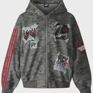 Camo Zip Up Hoodie Men Vintage Archive Patch Print Oversized Streetwear Y2K Grunge Aesthetic Bomber Jacket Gift For Him Ships Worldwide