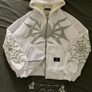 Sudadera con capucha y cremallera estilo telaraña Y2K, estilo retro punk, unisex, blanca, estética grunge, corte holgado, moda alternativa.