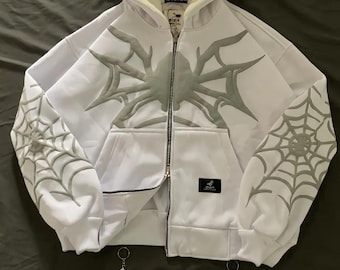 Sudadera con capucha y cremallera estilo telaraña Y2K, estilo retro punk, unisex, blanca, estética grunge, corte holgado, moda alternativa.