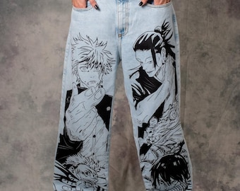 Jujutsu Kaisen Anime Jeans Wide Leg Baggy Pants Men Women Harajuku Streetwear Y2K High Waist Trousers Graphic Comic Denim