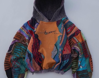 Sudadera con capucha multicolor con bordados y patchwork, estilo vintage bohemio, jersey artesanal unisex, prenda de arte holgada y sudadera única.