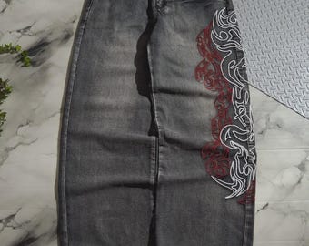 Grey Washed Baggy Jeans Tribal Dragon Embroidery — Y2K Wide Leg Denim for Dark Streetwear & Hip Hop Aesthetic Lovers