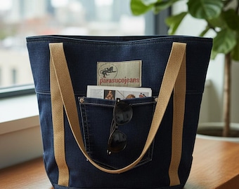Upcycled Denim Tote Bag with Original Jean Pocket | Cotton Lined Shoulder Bag