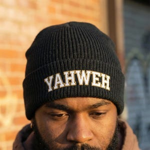 YAHWEH Cuff Beanie | Religious Script Knit Hat