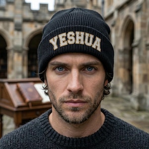 Yeshua Embroidered Knit Beanie, Religious Script Winter Hat