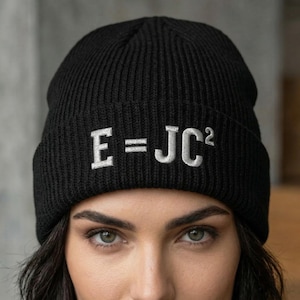 E JC Squared Beanie, Christian Math Knit Hat, Faith Science Embroidery