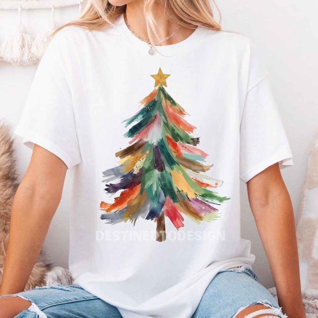 Colorful Watercolor Christmas Tree PNG, Artistic Holiday Shirt Design ...
