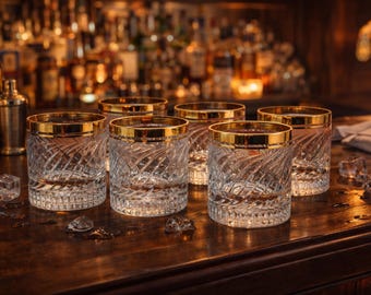 Vintage Gold Rim Short Whiskey Glasses Set | Wide Crystal Style Lowball Tumblers