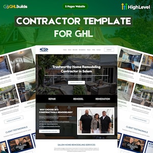Puede incluir: Diseño web para un contratista, con un esquema de color verde y blanco. El sitio muestra servicios de remodelación de viviendas, incluidas renovaciones de cocinas y baños. El texto incluye "Contractor Template for GHL" y "Trustworthy Home Remodeling Contractor in Salem".