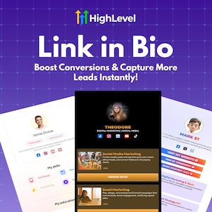 以下が含まれることがあります： HighLevelのプロモーション用グラフィックで、「Link in Bio」と「コンバージョンを増やし、より多くのリードを即座に獲得！」というテキストが表示されています。画像には、デジタルマーケティングのプロフィールとサービスの例、ソーシャルメディアのアイコン、行動喚起が含まれています。