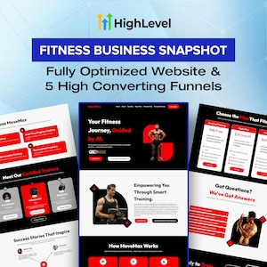 May include: An advertisement for a fitness business, showcasing website mockups and sales funnels. The image includes the text "Fitness Business Snapshot" and "Fully Optimized Website & 5 High Converting Funnels." The design uses a black, red, and white colour scheme.