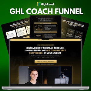 May include: A laptop screen displays the text "GHL COACH FUNNEL" and "DISCOVER HOW TO BREAK THROUGH LIMITING BELIEFS AND BUILD UNSHAKABLE CONFIDENCE - IN JUST 6 WEEKS". The image also shows bonus materials and a man.