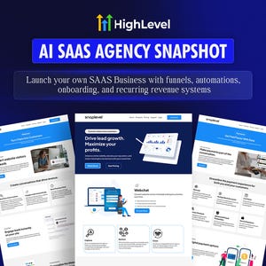 Può includere: Una grafica di marketing digitale con il testo "AI SAAS AGENCY SNAPSHOT" e "Launch your own SAAS Business". L'immagine mostra mockup di siti web con il logo HighLevel e le parole "Launch Your Website".